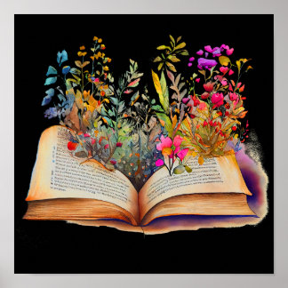 Poster Livre avec Fleurs, Livre Lover Cadeau