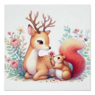 Poster Livre D'Histoire Bébés Bois Cerfs Et Chipmunk