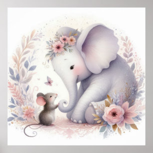 Poster Livre D'Histoire Bois Bébés Éléphant Et Souris