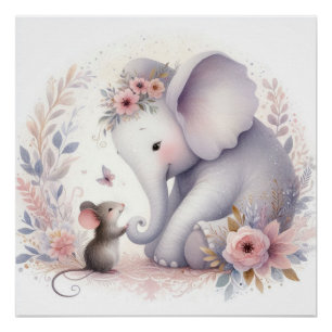 Poster Livre D'Histoire Bois Bébés Éléphant Et Souris