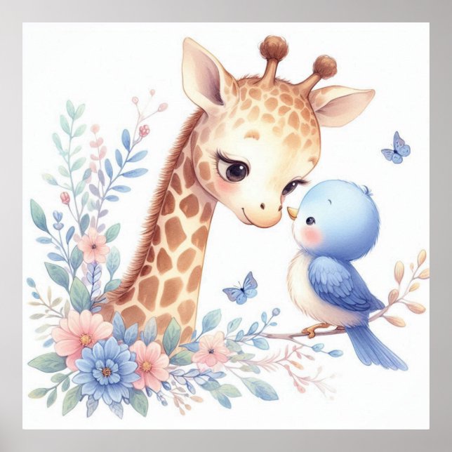 Poster Livre D'Histoire Bois Bébés Giraffe Et Oiseau Bleu (Devant)