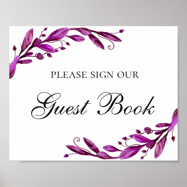 Poster Livre d'or. Mariage à fleurs violet aquarelle (Devant)