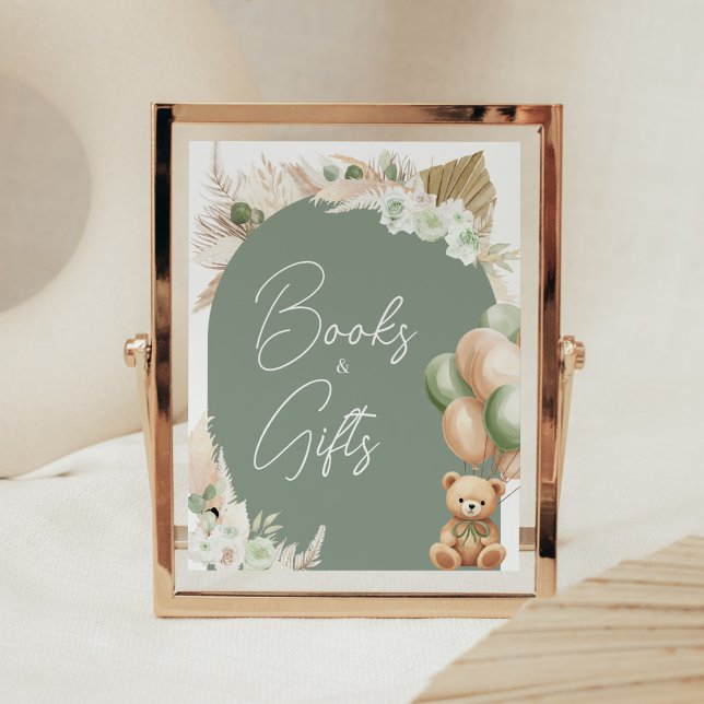Poster Livre vert Ours Ballotte Livres et Cadeaux (Sage Green Balloons Baby Shower Books and Gifts Sign)