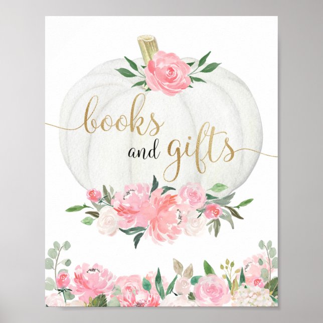 Poster Livres cadeaux signe citrouille baby shower or ros (Devant)