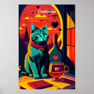 Poster Livres Chat Sunset Et Vin