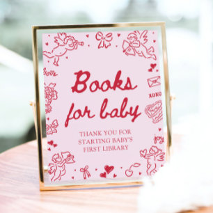 Poster Livres de Baby Shower pour Bébé Rose Rouge Saint-V