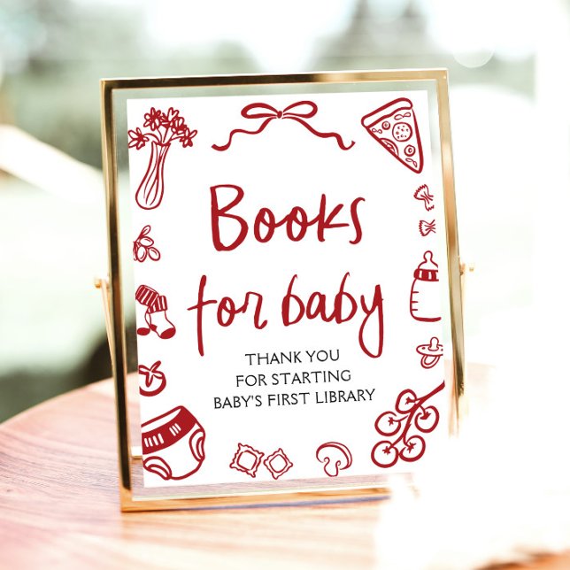 Poster Livres en Baby shower rouge italien tiré à la main (Red Italian Hand Drawn Baby Shower Books for Baby Sign)