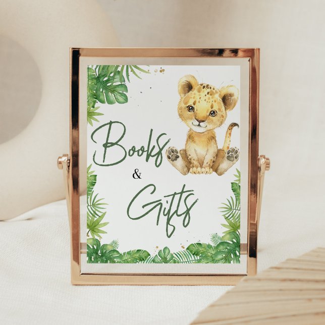 Poster Livres et cadeaux de Baby shower de Lion rugissant (Roaring with Excitement Lion Baby Shower Books and Gifts Sign)