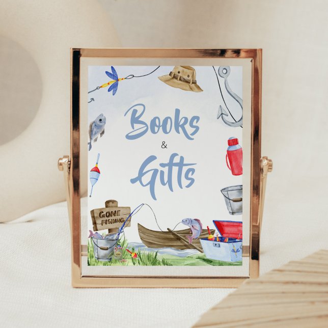 Poster Livres et cadeaux de Baby shower de pêche (Little Fisherman Baby Shower Books and Gifts Sign)