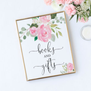 Poster Livres et cadeaux floraux rose vif baby shower