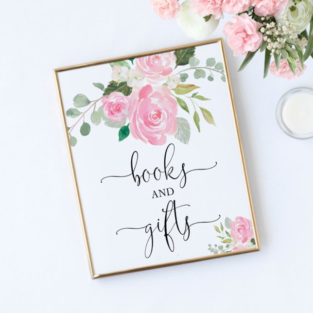 Poster Livres et cadeaux floraux rose vif baby shower (Créateur téléchargé)