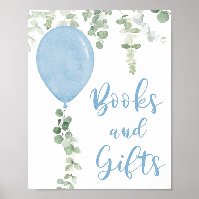 Poster Livres et cadeaux signe bleu ballons baby shower (Devant)