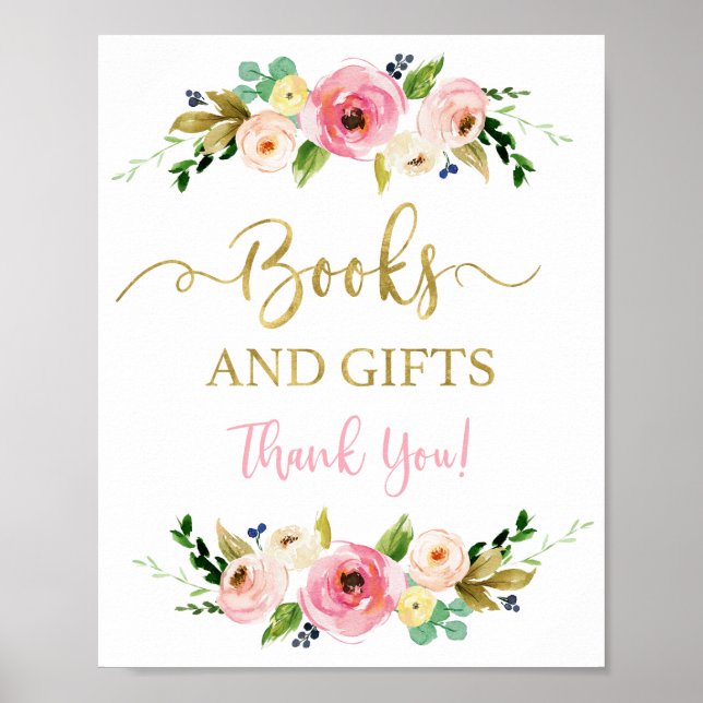 Poster Livres et cadeaux signe floral rose et or (Devant)