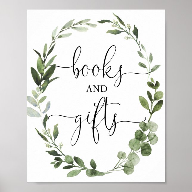 Poster Livres et cadeaux verdure couronne baby shower sig (Devant)