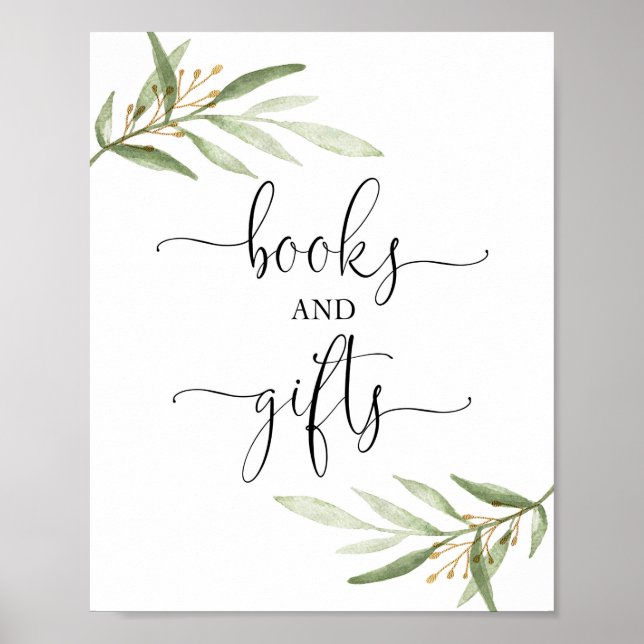 Poster Livres et cadeaux verdure or baby shower signe (Devant)