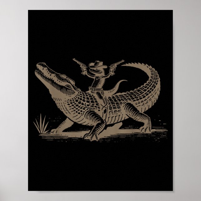 Poster Lizard Cowboy Riding Crocodile Alligator Western A (Devant)