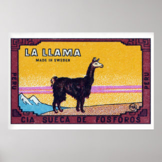 Poster Llama debout Pérou 1920-30 Étiquette d'allumettes