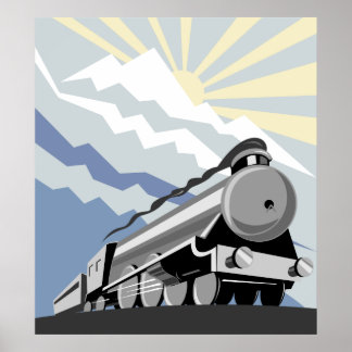 Poster locomotive à vapeur voyage sur la scène de montagn