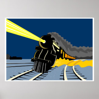 Poster locomotive de train à vapeur circulant aux feux de