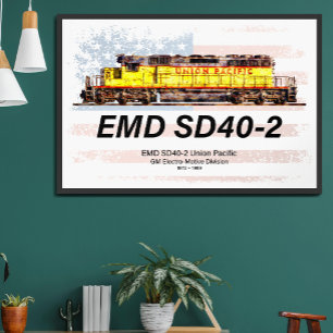 Poster Locomotive diesel EMD SD40-2. Drapeau américain