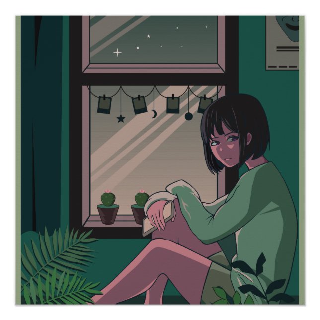 Poster Lofi Anime Art Triste Girl Missing Quelqu'un (Devant)