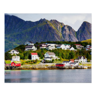 Poster Lofoten Norvège Reine village sous ciel bleu solei