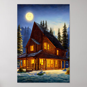 Poster Log Cabine Dans Les Bois Paysage Neige Art