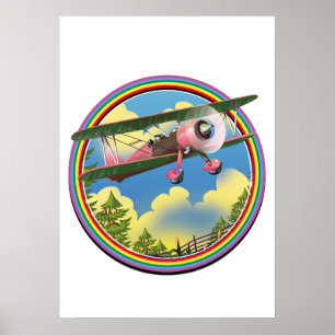 Poster logo d'avion biplan rose arc-en-ciel