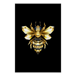 Poster Logo Faux Gold Foil Bee Polygonal sur Noir