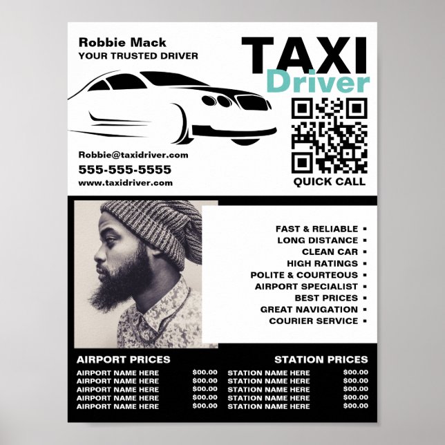 Poster Logo, photo, chauffeur de taxi, Tarifs (Devant)