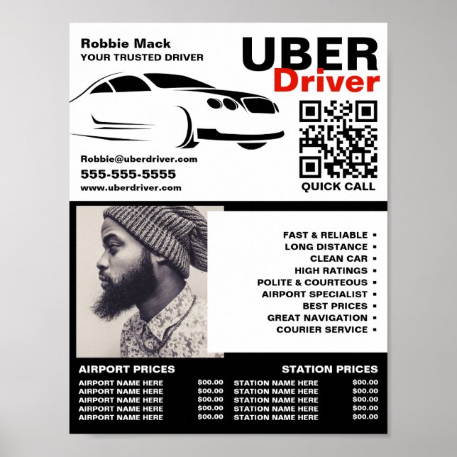Poster Logo, photo, Conducteur Uber, Tarifs (Devant)