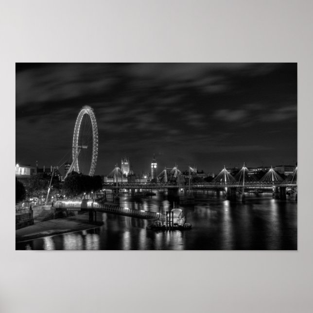 Poster London Eye de nuit en noir et blanc (Devant)