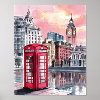 Poster London Telephone Booth Watercolor