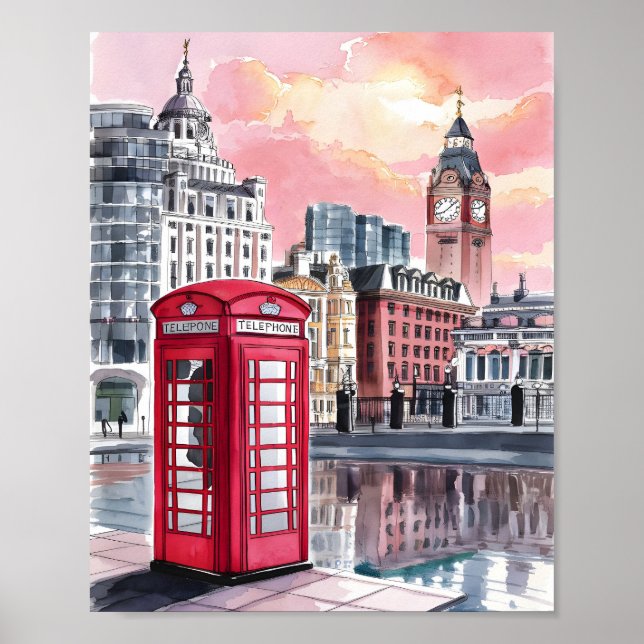 Poster London Telephone Booth Watercolor (Devant)