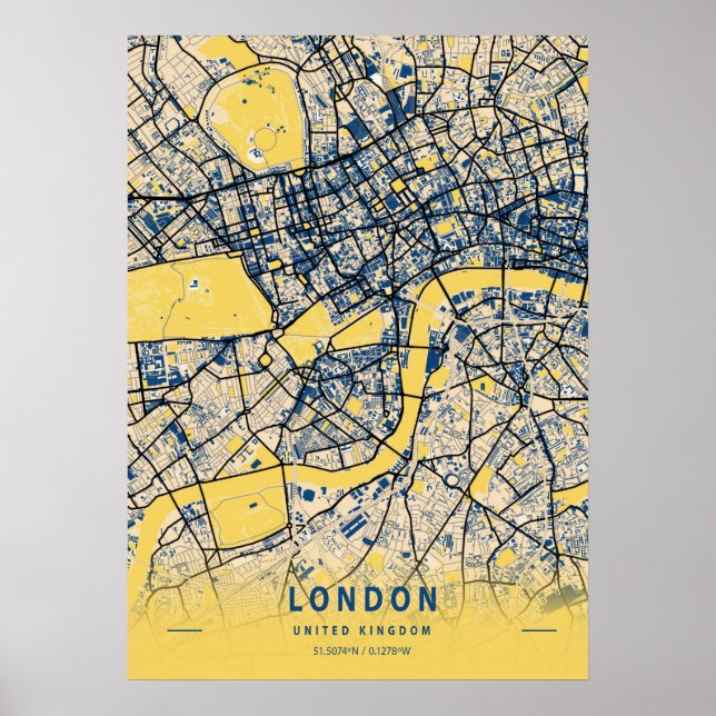 Poster Londres - Royaume-Uni Carte de la ville jaune (Devant)