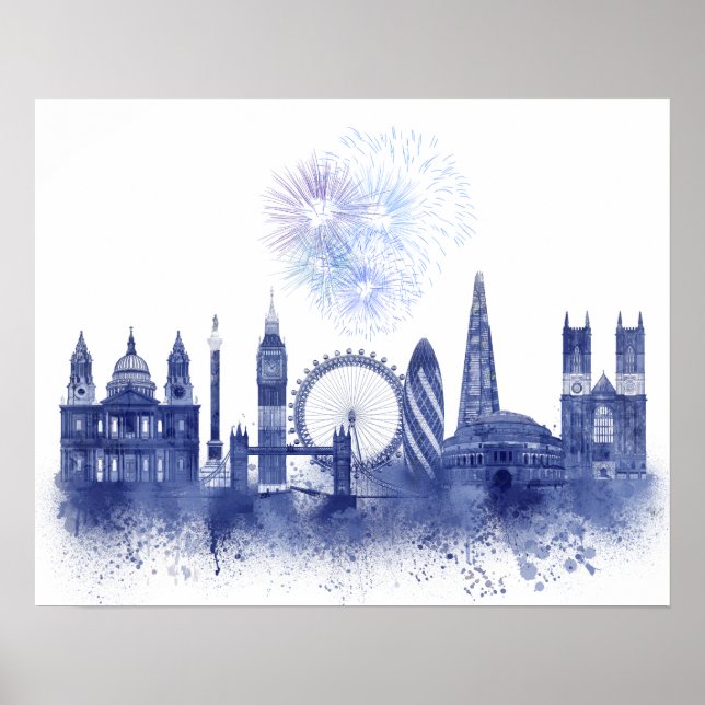Poster Londres Skyline - Aquarelle bleue (Devant)