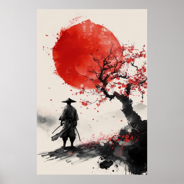 Poster Lone Samurai – Red Sun Japanese Ink Art (Devant)