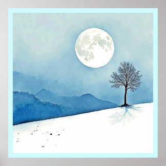 Poster Lone Tree: Serene Full Moon Silence Art