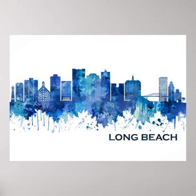 Poster Long Beach California Skyline Blue (Devant)