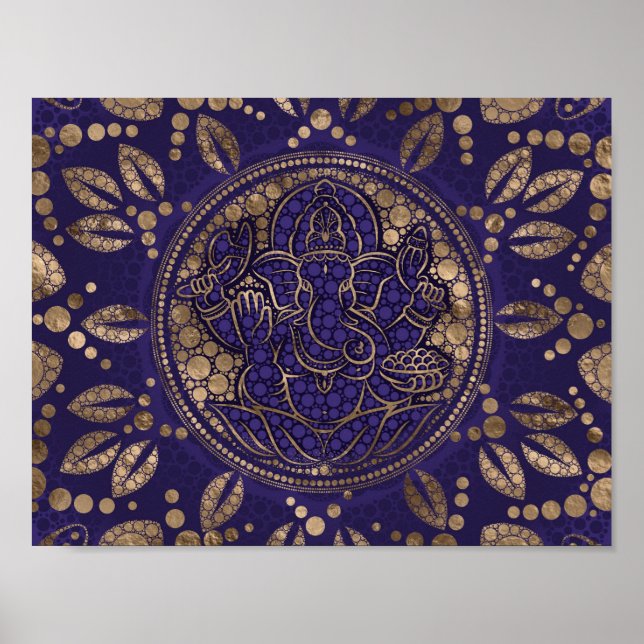 Poster Lord Ganesha Dot Art Purple et Or (Devant)