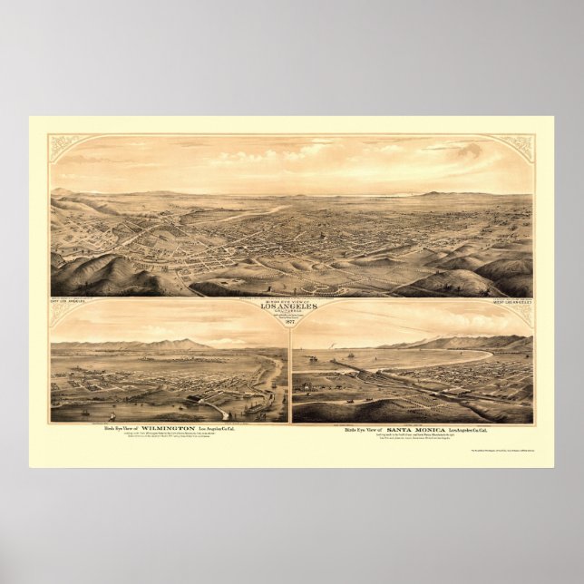 Poster Los Angeles, CA Carte panoramique - 1877 (Devant)