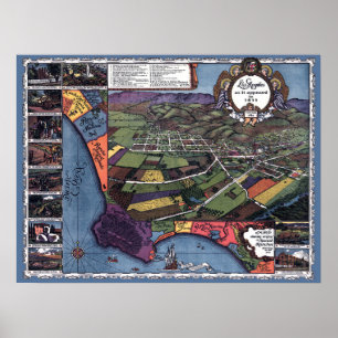 Poster Los Angeles, Californie, carte antique aérienne de