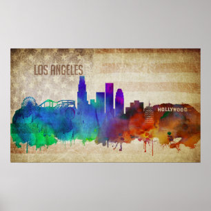 Poster Los Angeles, horizon de ville d'aquarelle de CA  