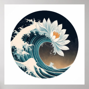 Poster Lotus blanc et vague océanique - Élégance en mouve
