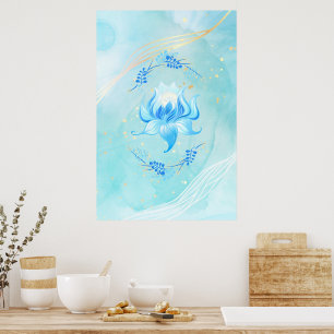Poster Lotus Sarcelle en Fleur Reflet Azuré
