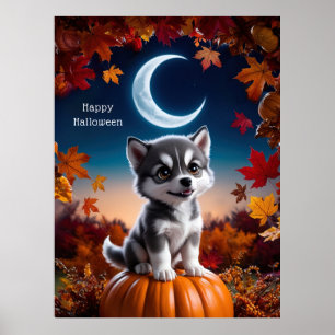 Poster Loup adorable avec Crescent Moon Halloween Art
