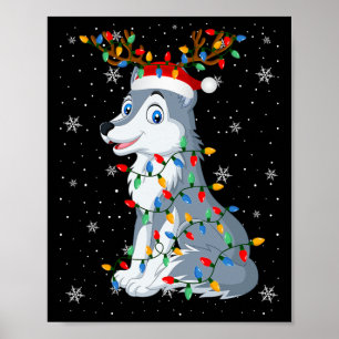Poster Loup Animal Santa Hat laide sapin de Noël lumières