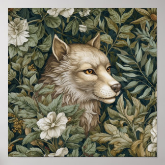 Poster Loup Art nouveau en feuille