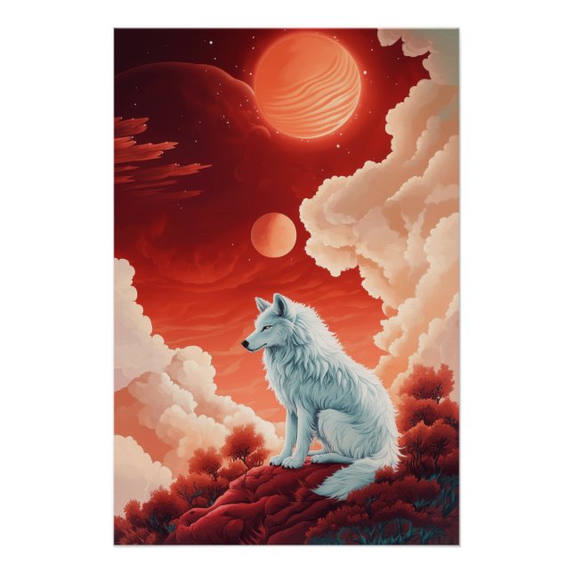 Poster Loup blanc mystique sous ciel rouge (Devant)