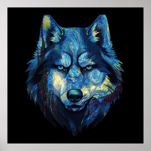 Poster Loup dans la nuit étoilée abstrait faune